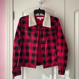 Cato Red & Black Plaid Jacket w/ Faux Fur Collar